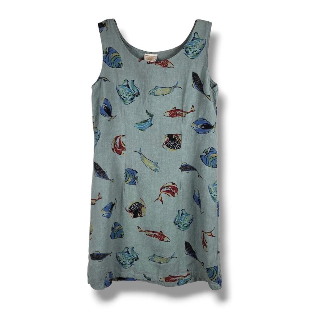 Tom Tom California Dress Womens Size Small Green Linen Beach Shift Tropical Fish